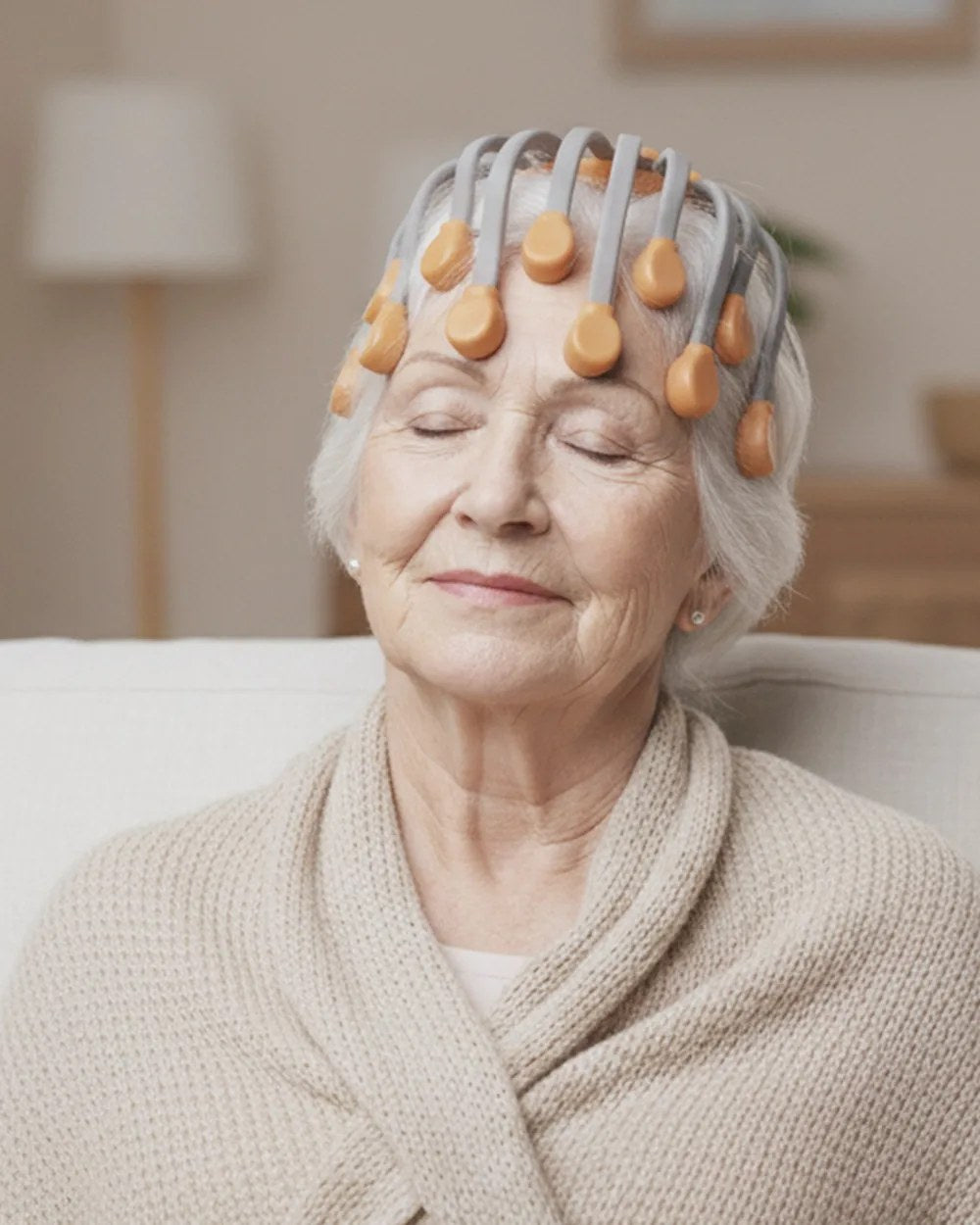 A woman on the sofa wearing the Nightcap, eyes closed