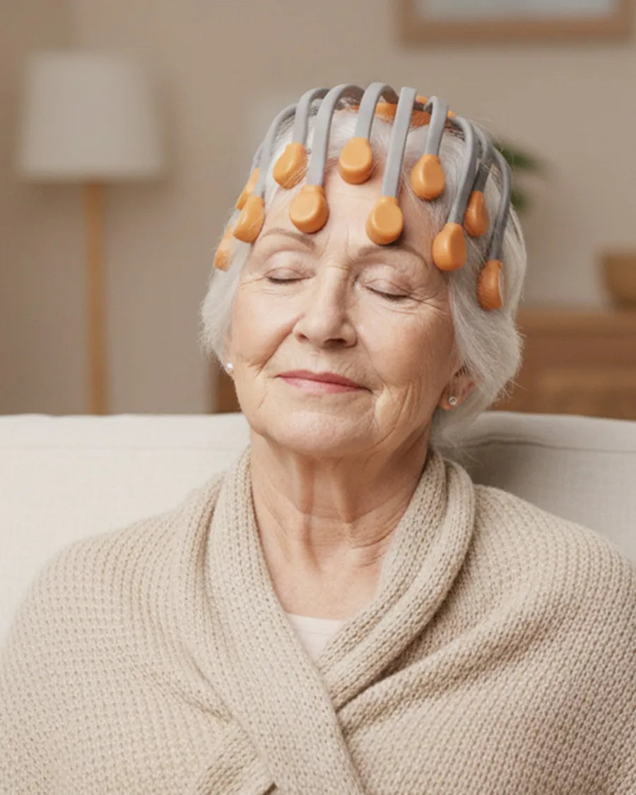A woman in her seventies on a sofa, eyes closed, wearing the Nightcap