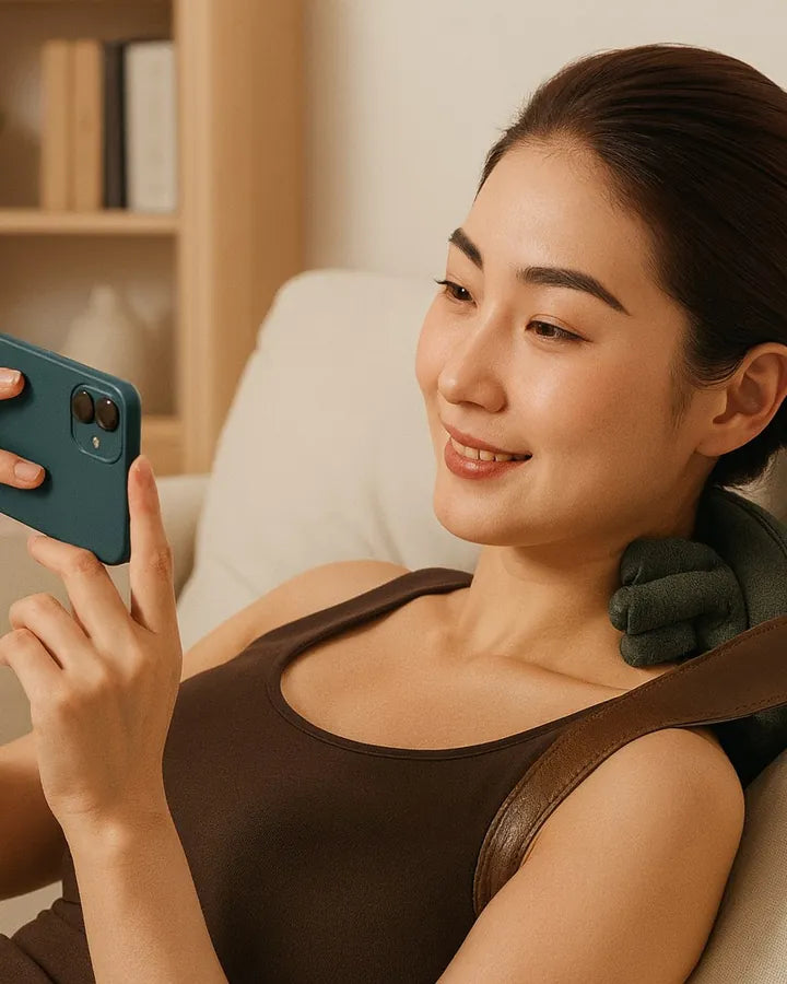 A woman on her phone with the Shoulder Hug kneading her neck
